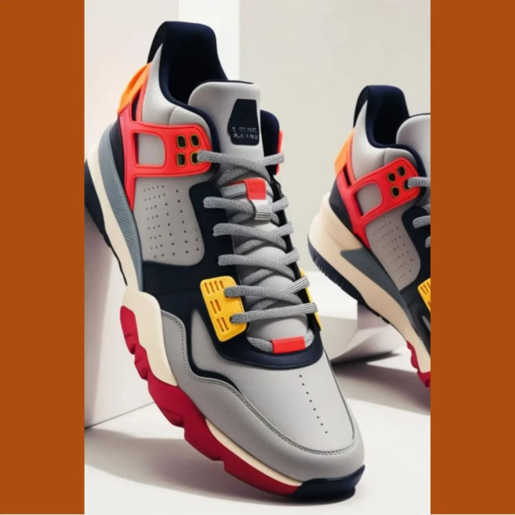 Gutsy multi-color aesthetic sneakers with a chunky silhouette featuring gray, black, yellow, red, and orange accents, ideal for trendy shoes aesthetic sneakers style.