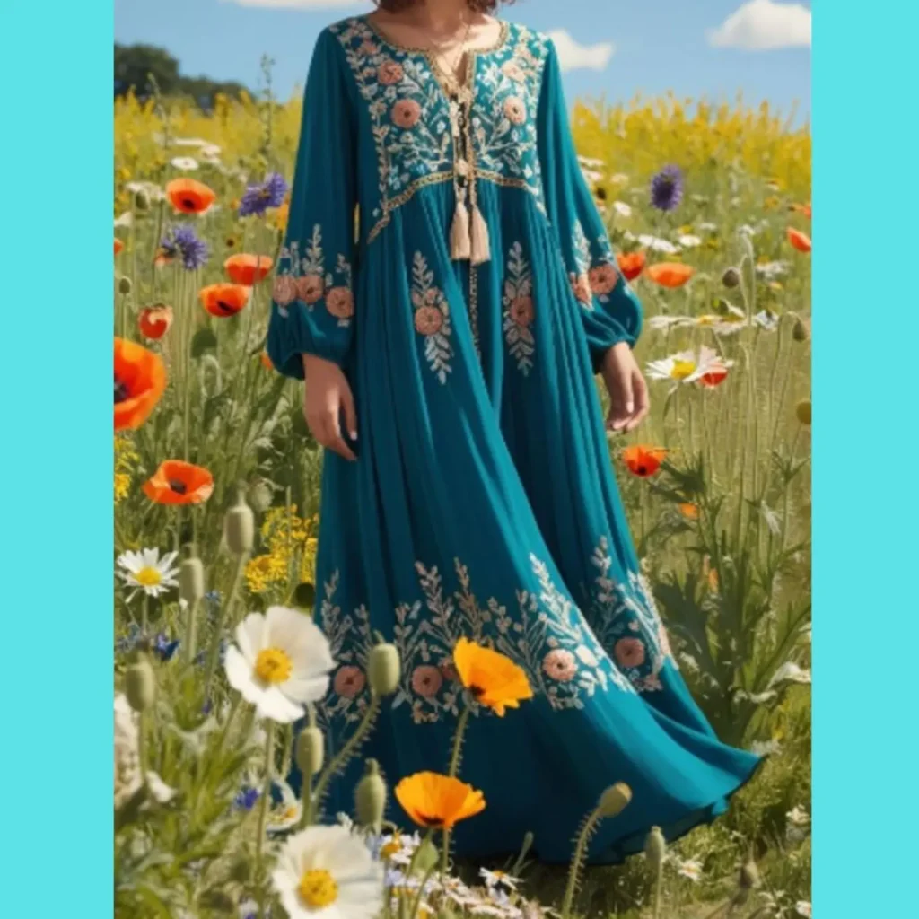 Woman in a teal boho maxi dress with floral embroidery standing in a wildflower field, showcasing a relaxed and elegant look from Amazon fashion finds.