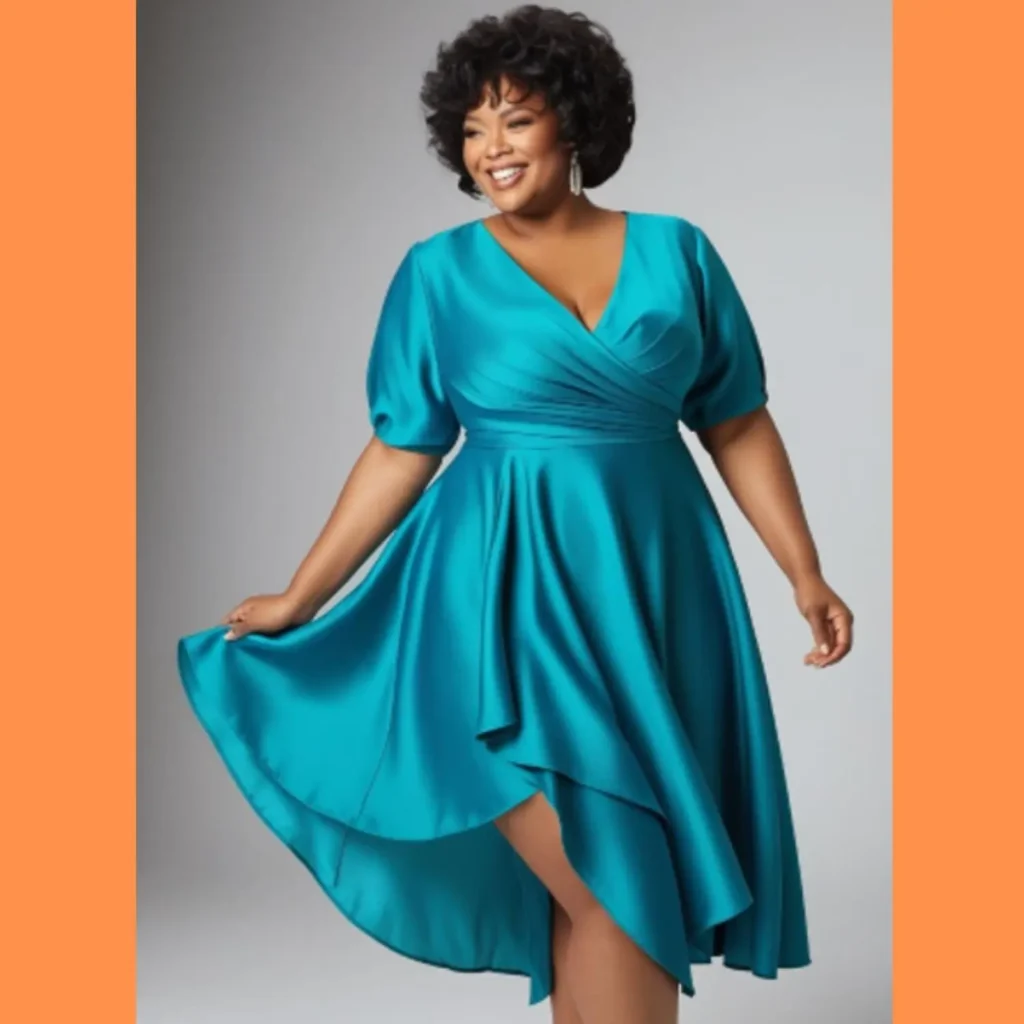 Confident plus size woman in a vibrant teal wrap dress with puff sleeves and asymmetrical hem, radiating joy and elegance in Amazon fashion finds for curvy women.