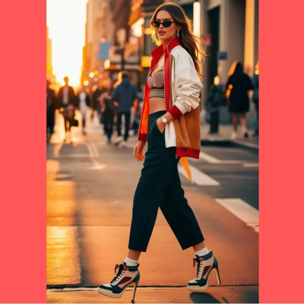 A lovely woman wearing shoes aesthetic heels sneakers with a stylish streetwear outfit, walking down a city street.