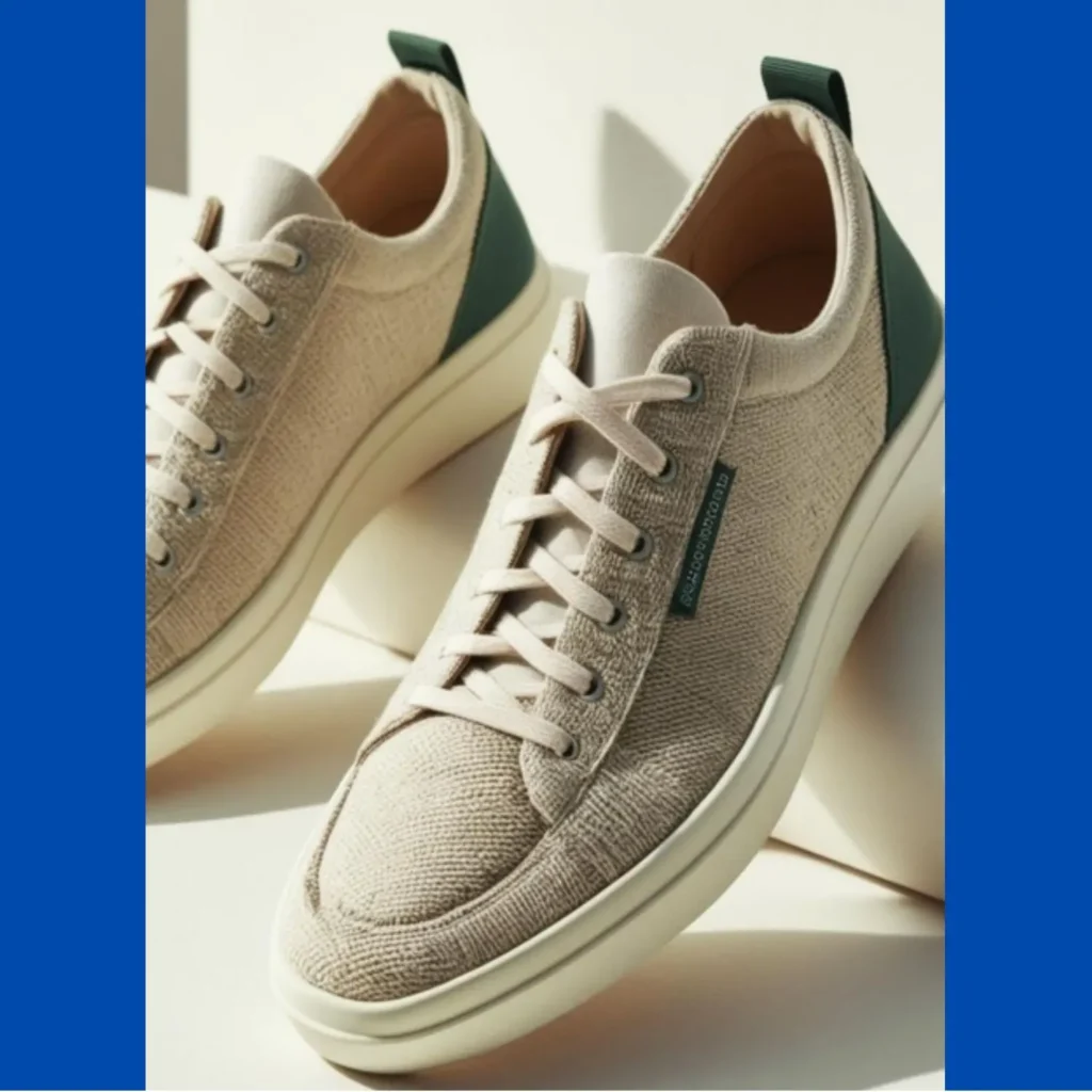Eco-friendly shoes aesthetic sneakers displayed, crafted from sustainable materials like recycled plastics and organic cotton, reflecting the growing importance of sustainability in fashion.