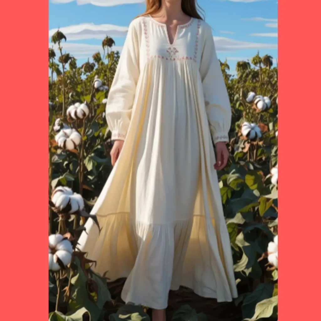 Woman in a long ivory boho dress with embroidered details walking through a cotton field, reflecting a soft and natural Amazon fashion finds country aesthetic.