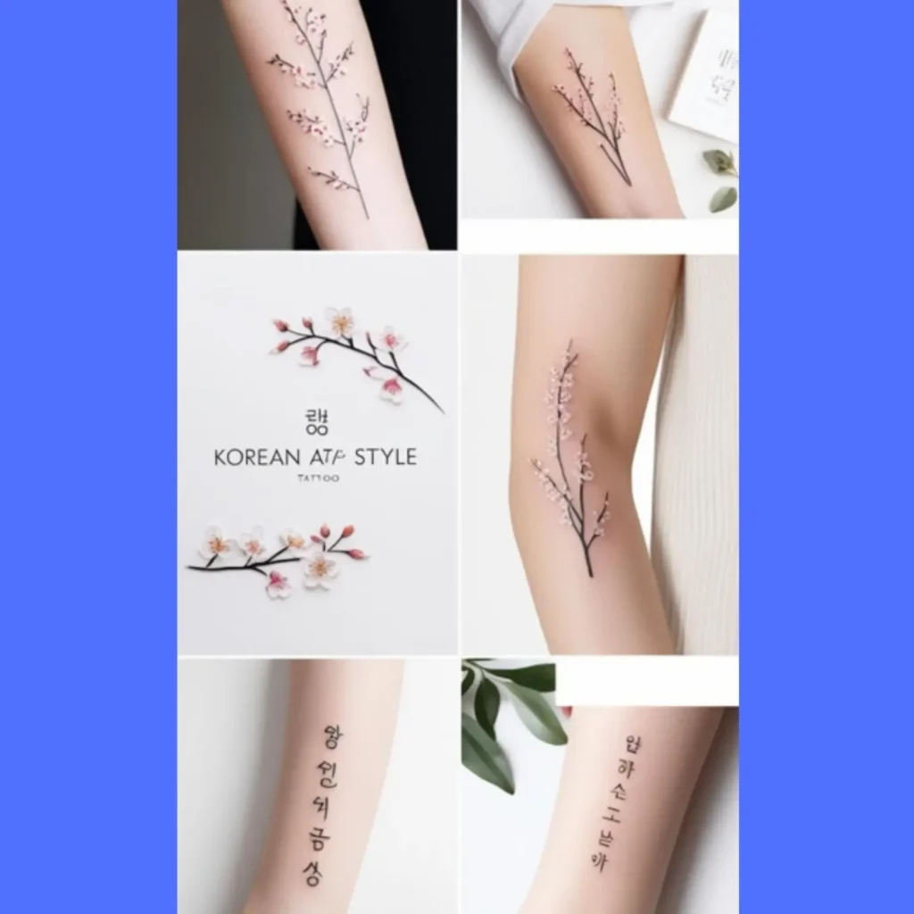 Examples of korean style tattoo designs, showcasing minimalist lines, small floral motifs, or delicate script.
