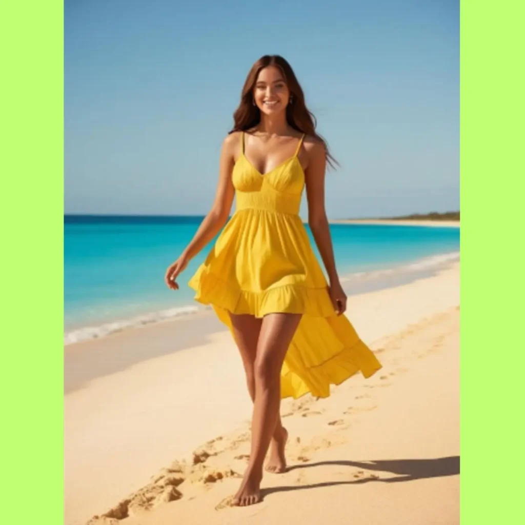 Woman walking barefoot on a tropical beach wearing a vibrant yellow summer dress with ruffled hem, perfect for Amazon fashion finds and sunny vacation style.