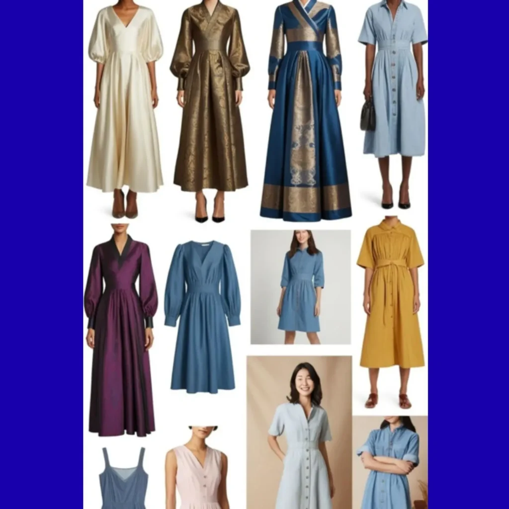 Different styles of korean style dress, ranging from elegant midi dresses to more casual mini dresses, showcasing various fabrics and silhouettes.