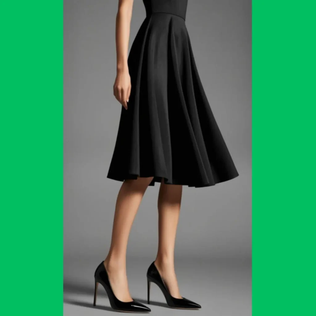A pair of elegant black stiletto heels, possibly in patent leather or suede, styled with a sophisticated black dress.