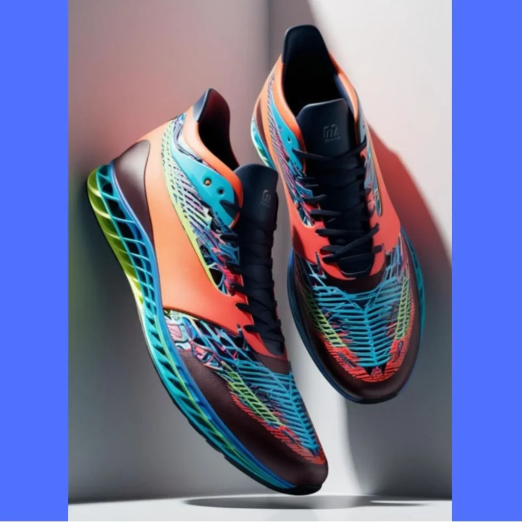 Shoes aesthetic sneakers with futuristic design in vibrant orange, blue, and neon accents featuring a high-tech mesh pattern and gradient sole inspired by innovation.
