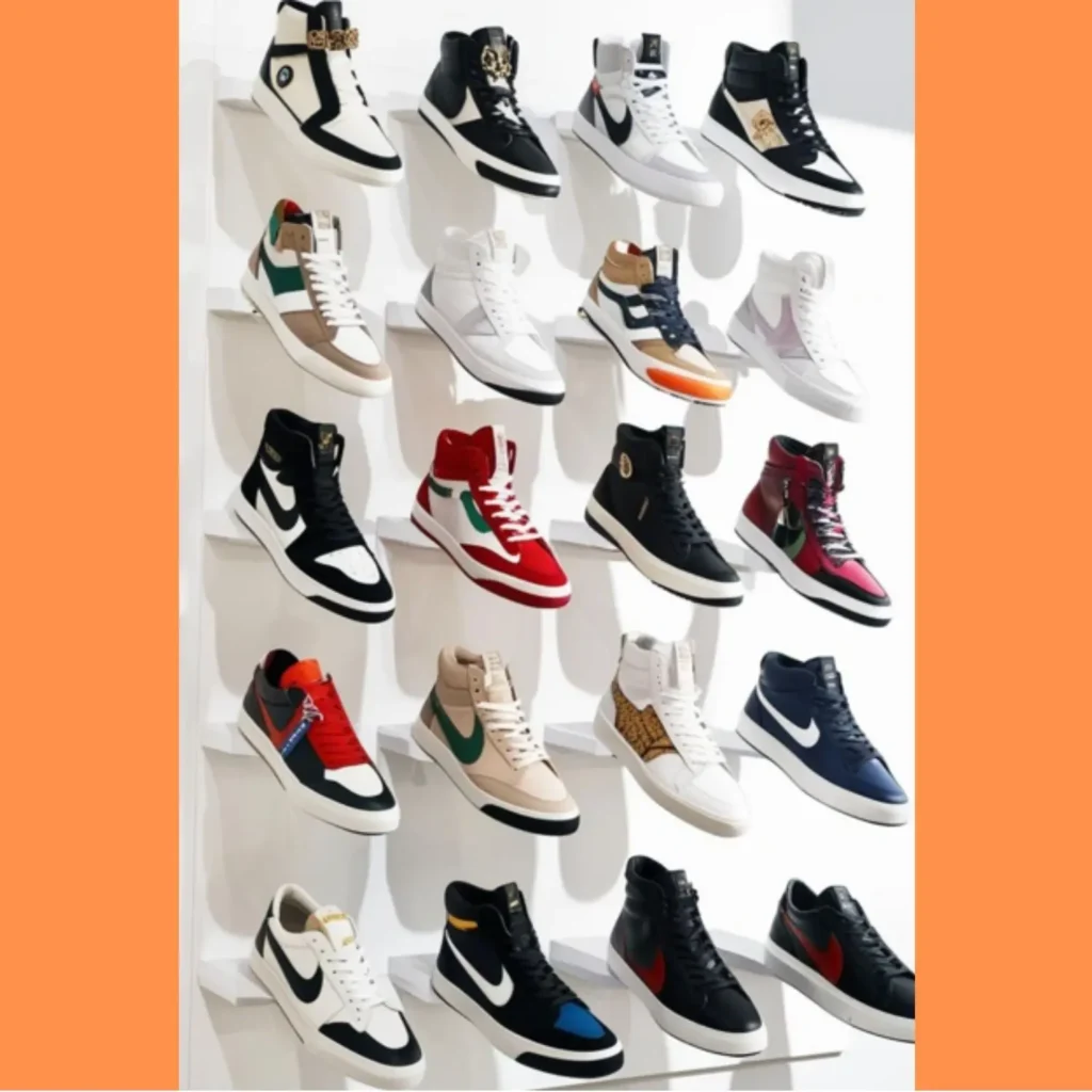Trendy shoes aesthetic sneakers displayed on a white wall featuring high-top and low-top styles in bold colors, designer logos, and fashion-forward details.