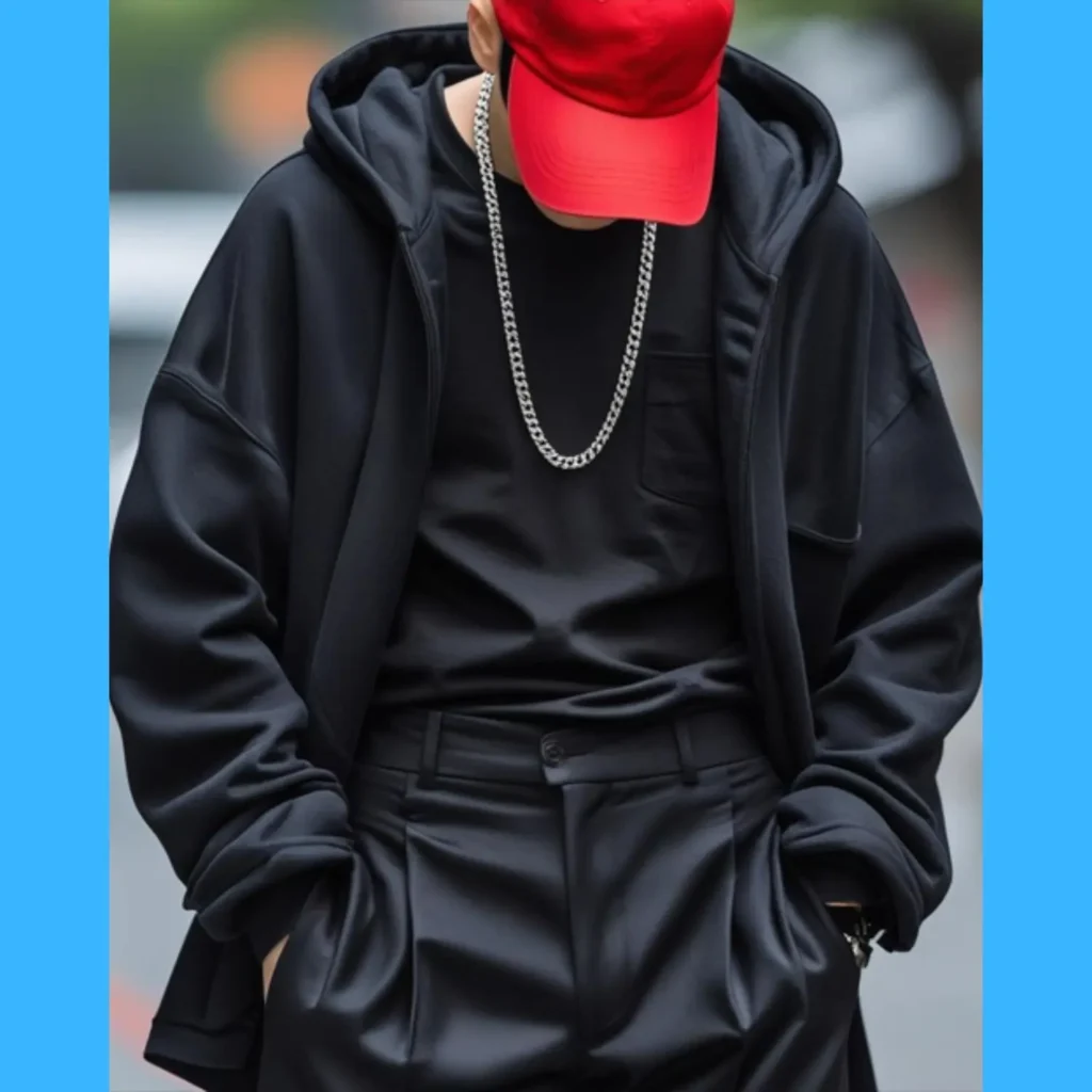 A simple black outfit in Korean street fashion, featuring black pants, tees, or hoodies, with silver accessories or a pop of color like a red cap.
