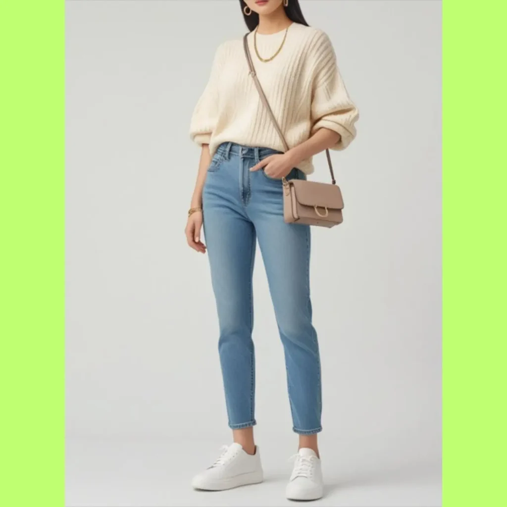 A Korean casual outfit featuring jeans, comfy tees, sweaters, sneakers, and basic bags, with small accessories and neat styling for a polished look.