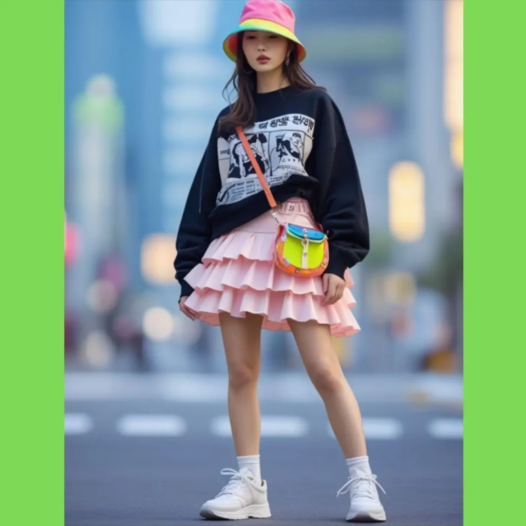 A Korean street fashion girl look featuring a mix of soft and edgy elements like ruffled skirts with sweatshirts, dresses over sneakers, and playful accessories.