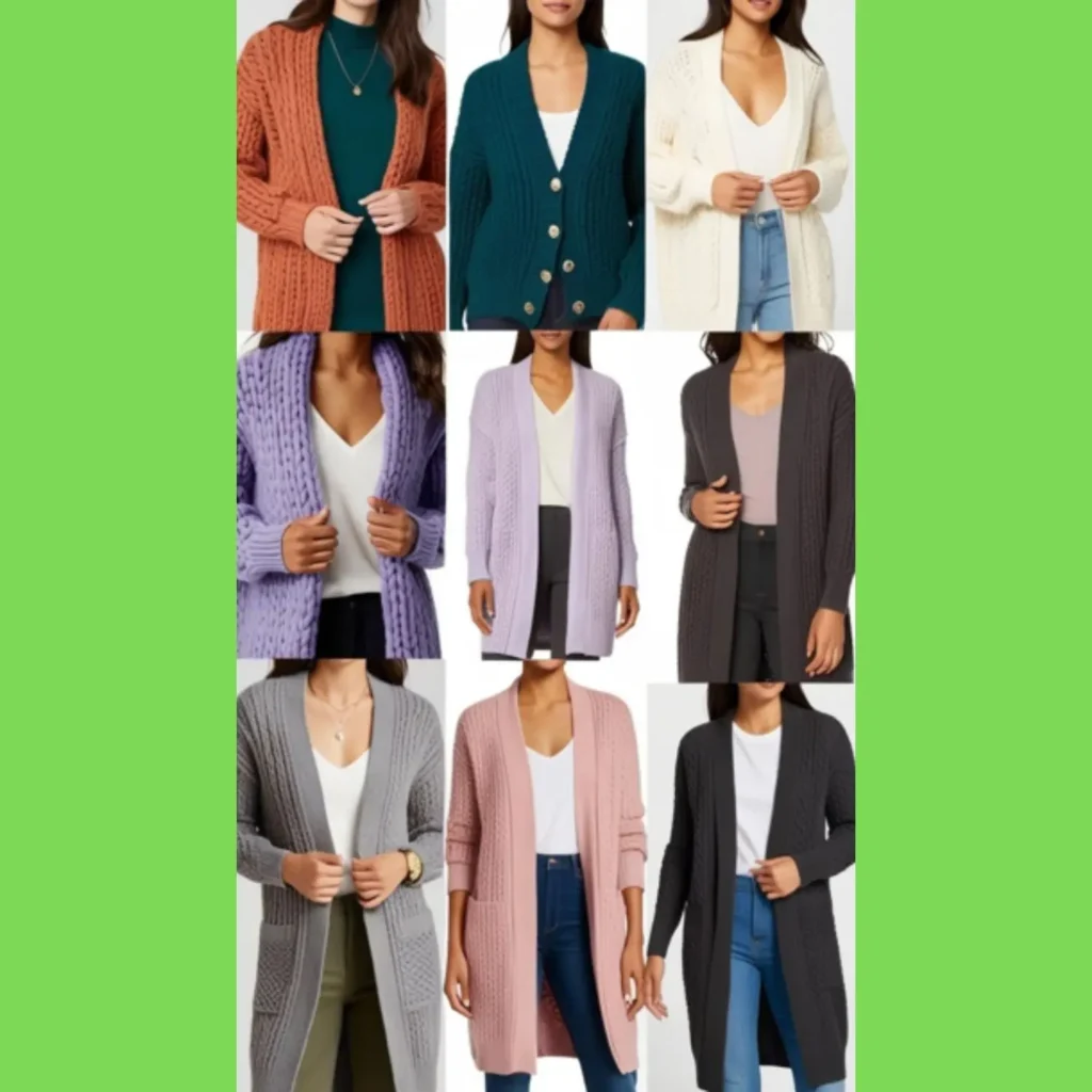A variety of cardigans styled in unique ways, showcasing different colors, textures, and lengths to create versatile and stylish outfits for any occasion.