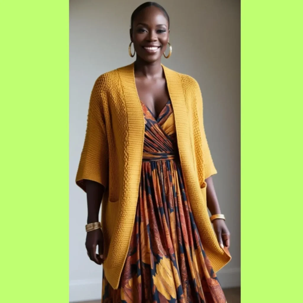 A Black stunning woman wearing a mustard yellow cardigan over a patterned maxi dress, accessorized with gold hoop earrings.