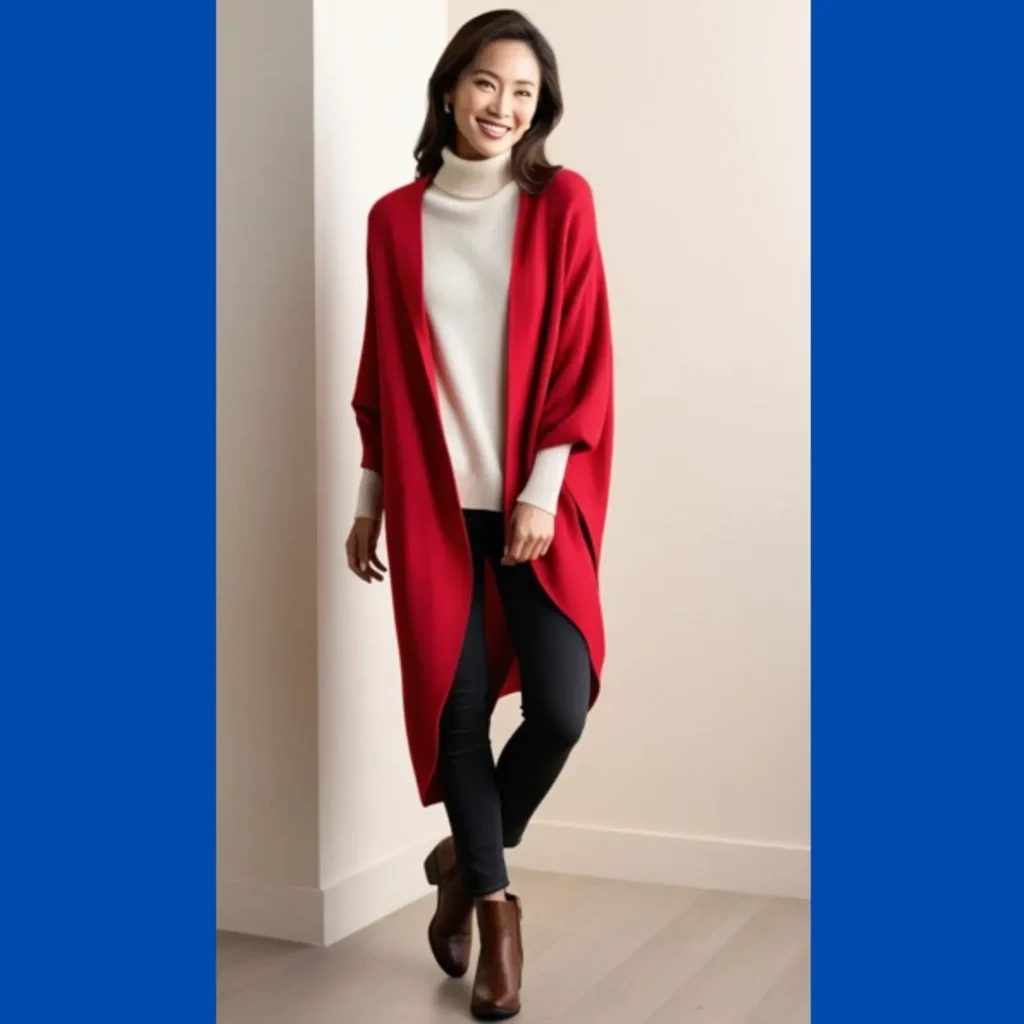 A stunning woman wearing a red oversized cardigan over a cream sweater, black jeans, and brown boots.