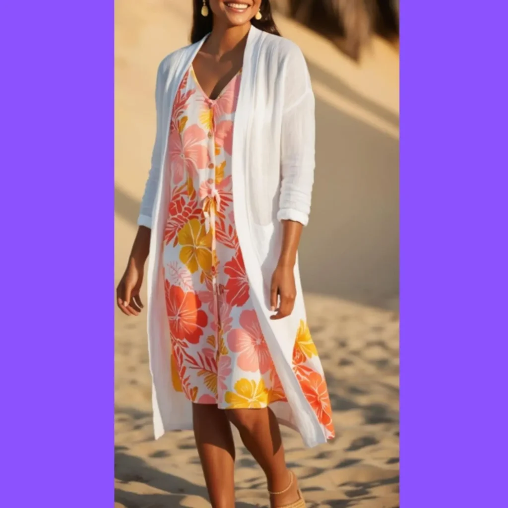 A woman wearing a white linen cardigan over a floral sundress and sandals.