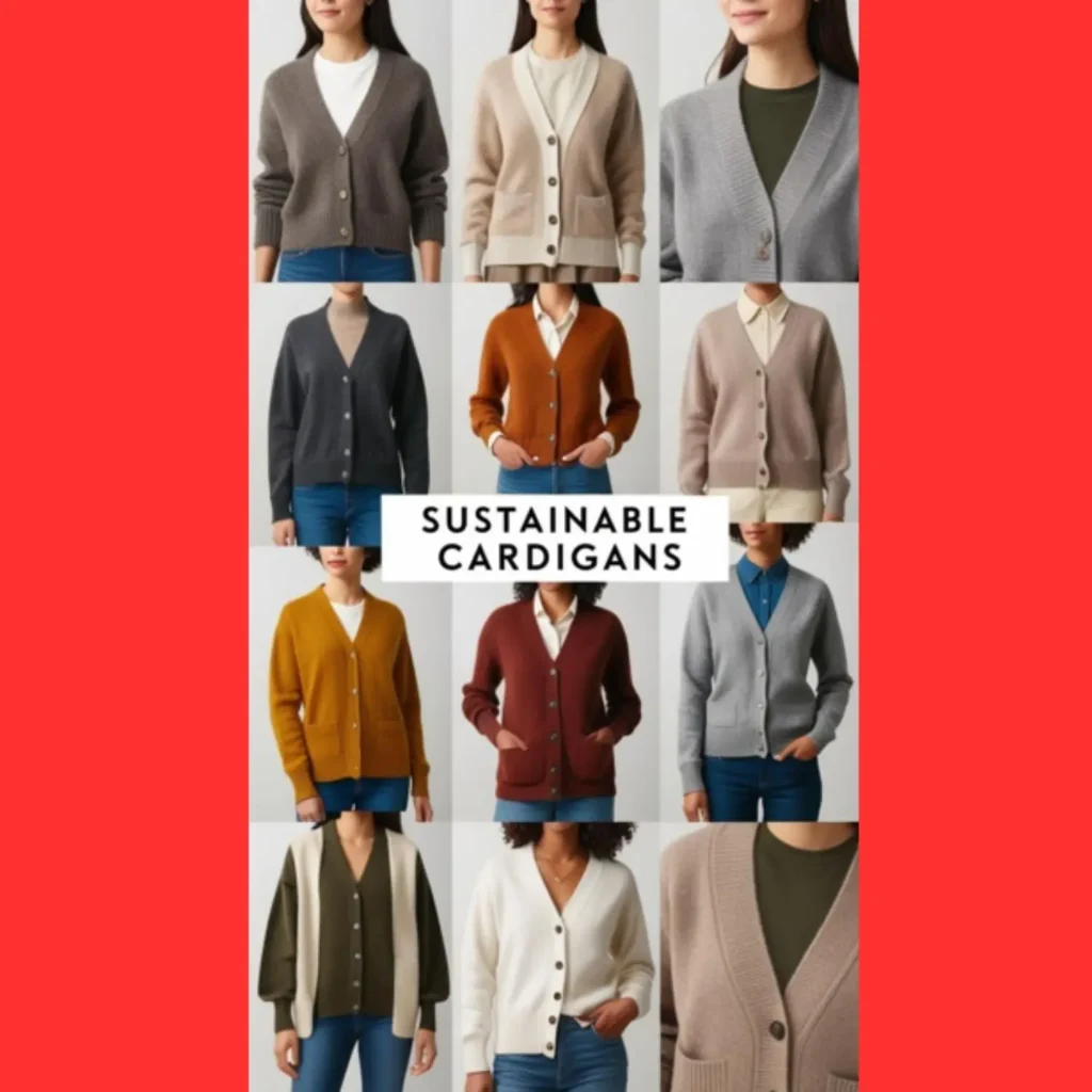 A collection of sustainable cardigans made from wool, cotton, or cashmere, highlighting eco-friendly fashion choices, including secondhand options and repurposed sweaters.