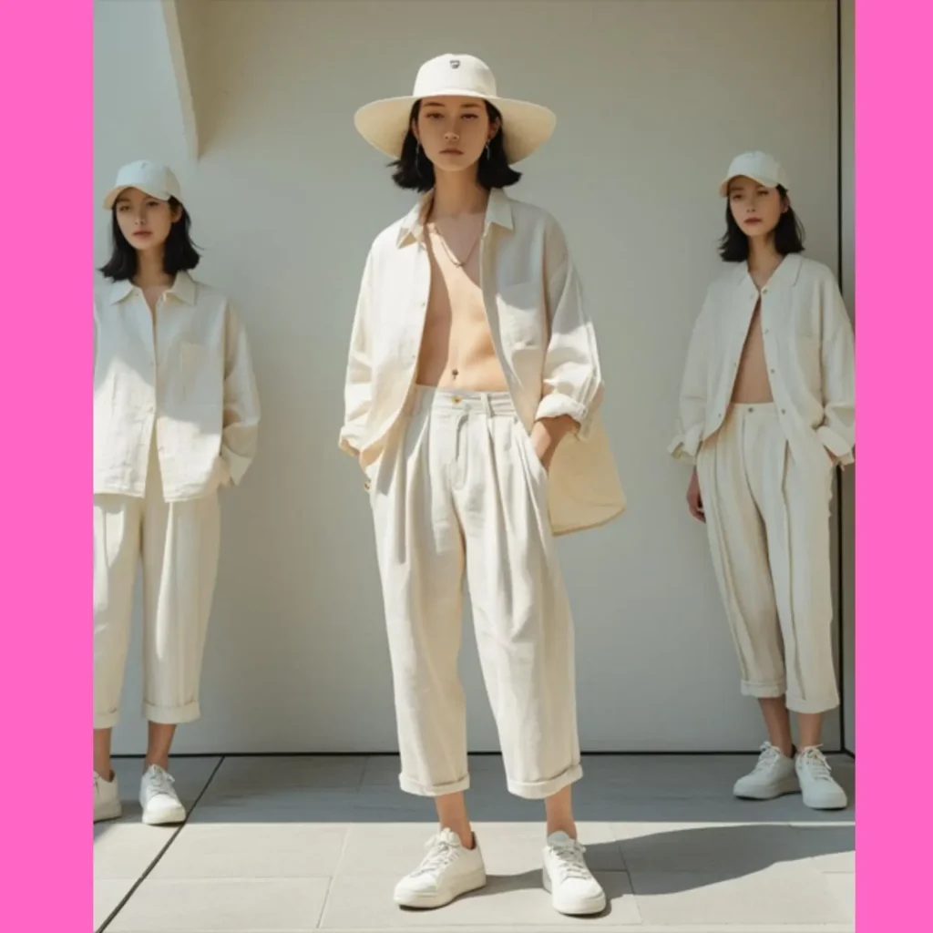 Stay cool with light-colored cotton and linen fabrics, simple Korean street fashion outfits, sneakers, sandals, and accessories like hats for a fresh summer look.