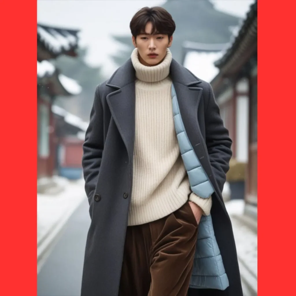 Winter Korean street fashion combines long coats, padded jackets, knit sweaters, and layers in neutral tones like brown, gray, and soft blue for warmth and style.
