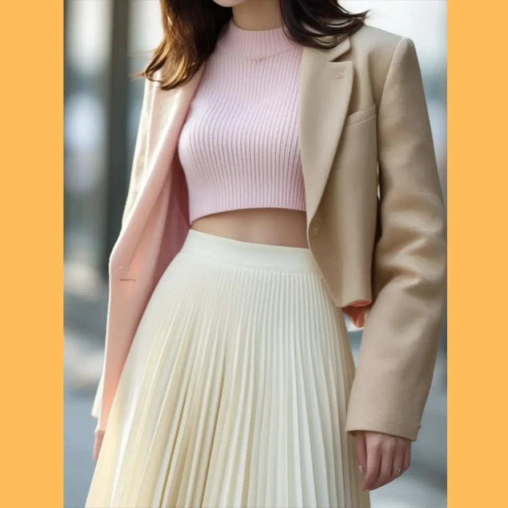 Women’s Korean street fashion combines structure and softness with pleated skirts, crop tops, blazers, and light colors like cream, oat, and pastel pink for a chic, everyday look.