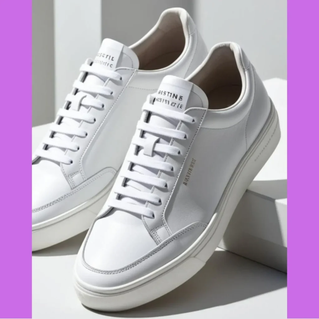 White shoes aesthetic sneakers featuring a clean minimalist design with smooth leather, white laces, and subtle branding, perfect for casual or smart-casual outfits.