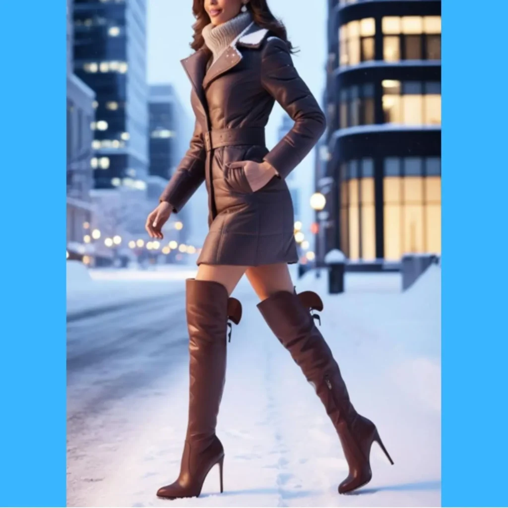 A stunning woman wearing stylish winter boots with heels, walking through a snowy cityscape.