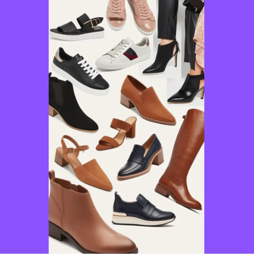 A collage of various stylish shoes worn by women, showcasing different aesthetics from casual to formal.