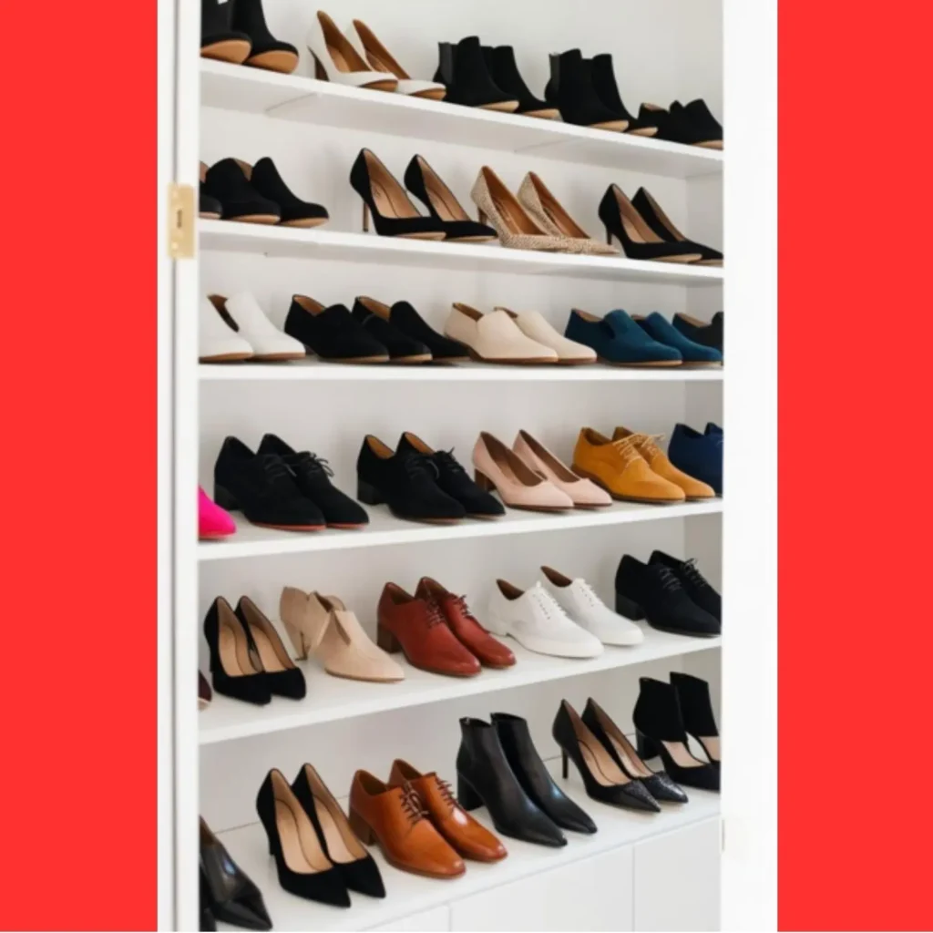 A well-organized and visually appealing display of a personal shoe collection, showcasing different styles and colors.