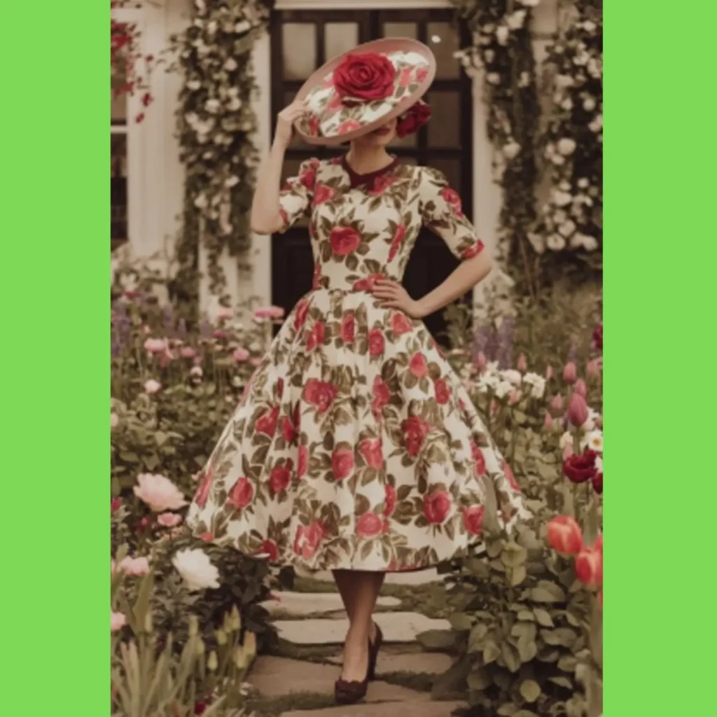 Woman in a vintage-inspired floral dress with red rose print, matching wide-brim hat, and heels, posing in a blooming garden for a classic feminine fashion look.