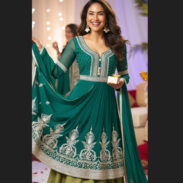 Generate an image of a woman wearing a green Anarkali suit with intricate chikankari work, celebrating Eid.