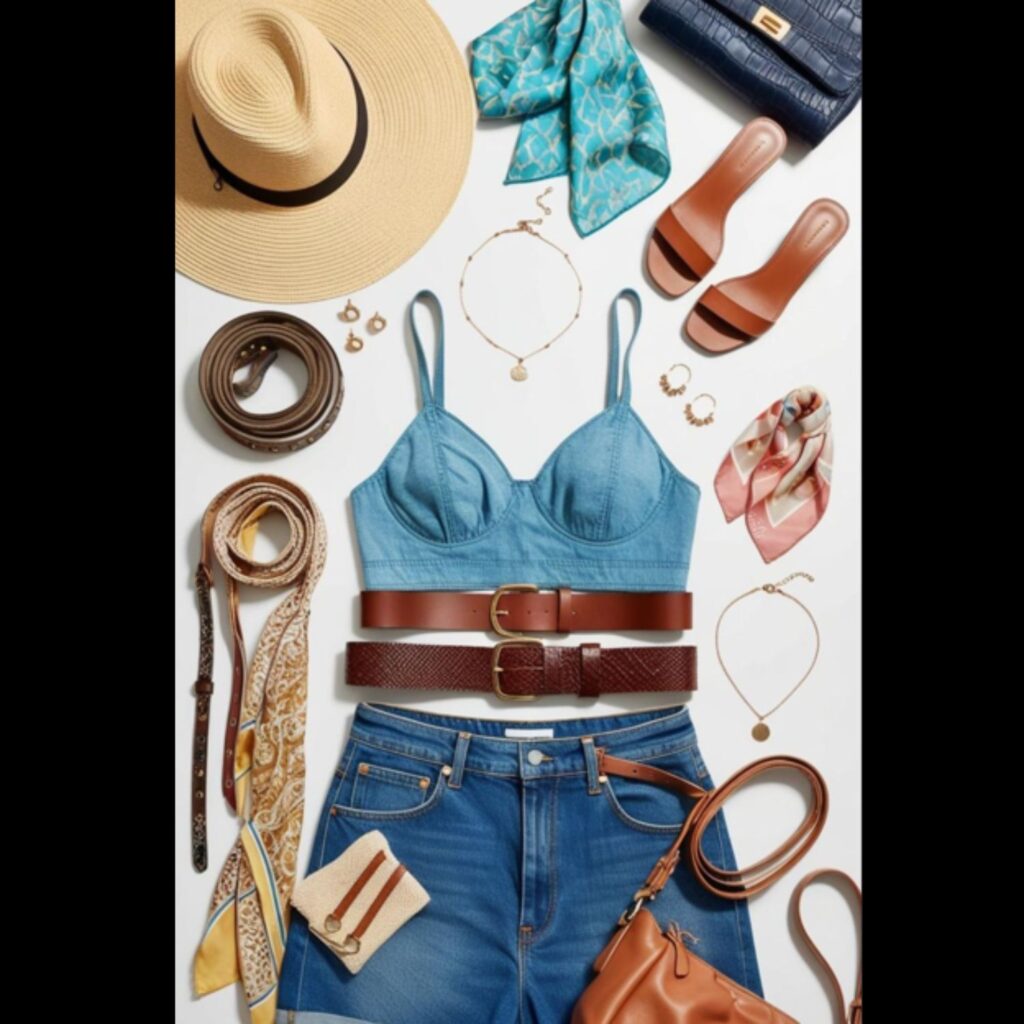 A flat lay showcasing different accessories that can be paired with denim shorts, including belts, hats, scarves, jewelry, and bags.