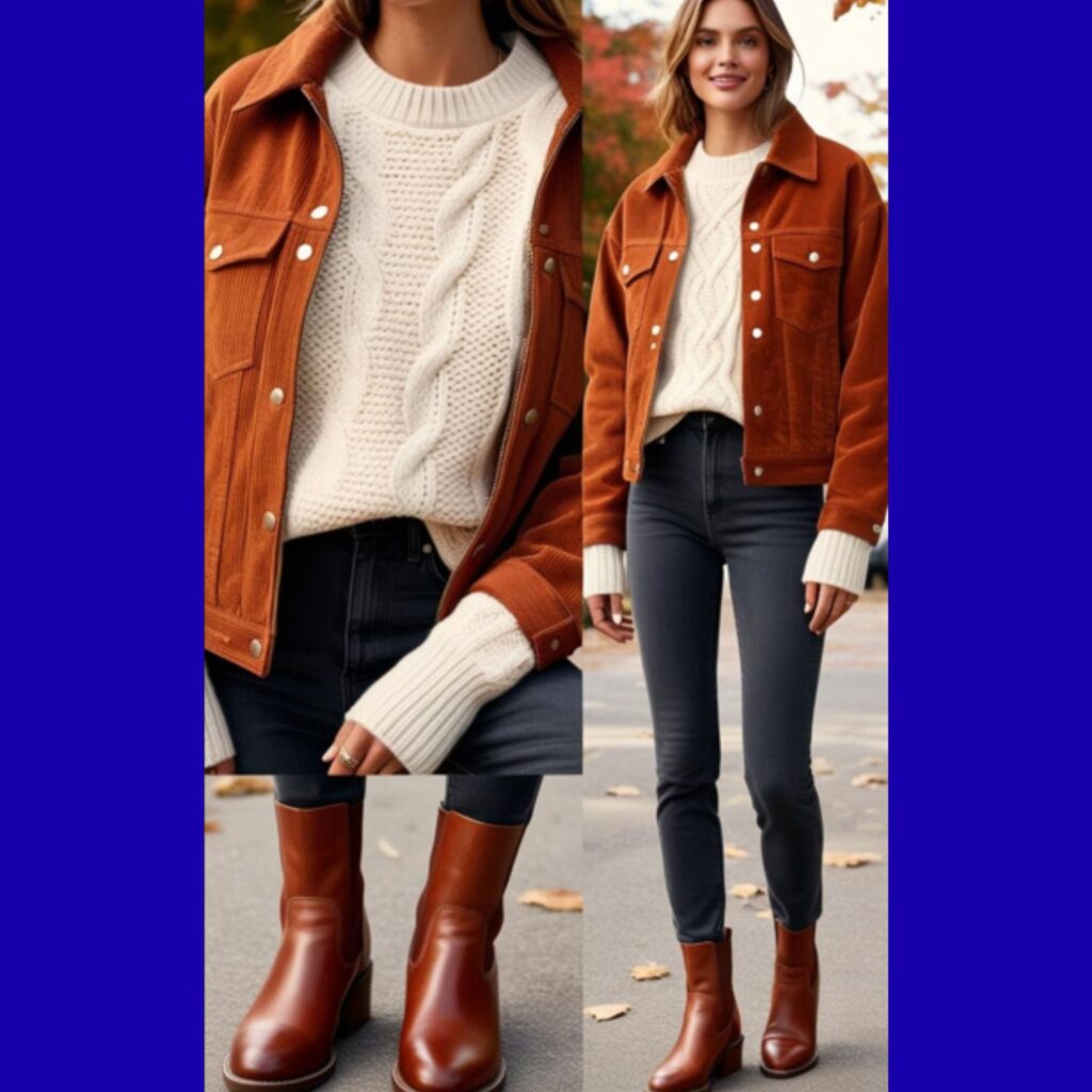 Cozy and stylish boots and jeans outfit ideas for fall, featuring ankle boots, dark-wash jeans, a knit sweater, and a stylish jacket in autumn colors.