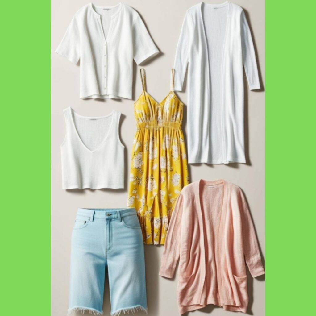 A collection of lightweight and breezy capsule wardrobe items perfect for summer, such as linen tops, denim shorts, a flowy dress, and a light cardigan.