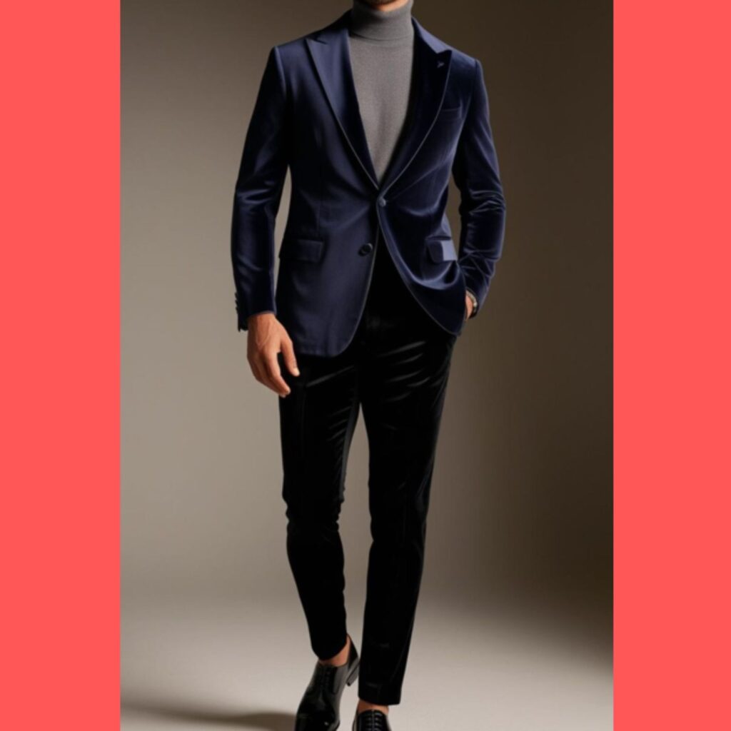Generate an image of a man wearing a navy velvet blazer over a gray turtleneck sweater, paired with black dress pants and dress shoes.
