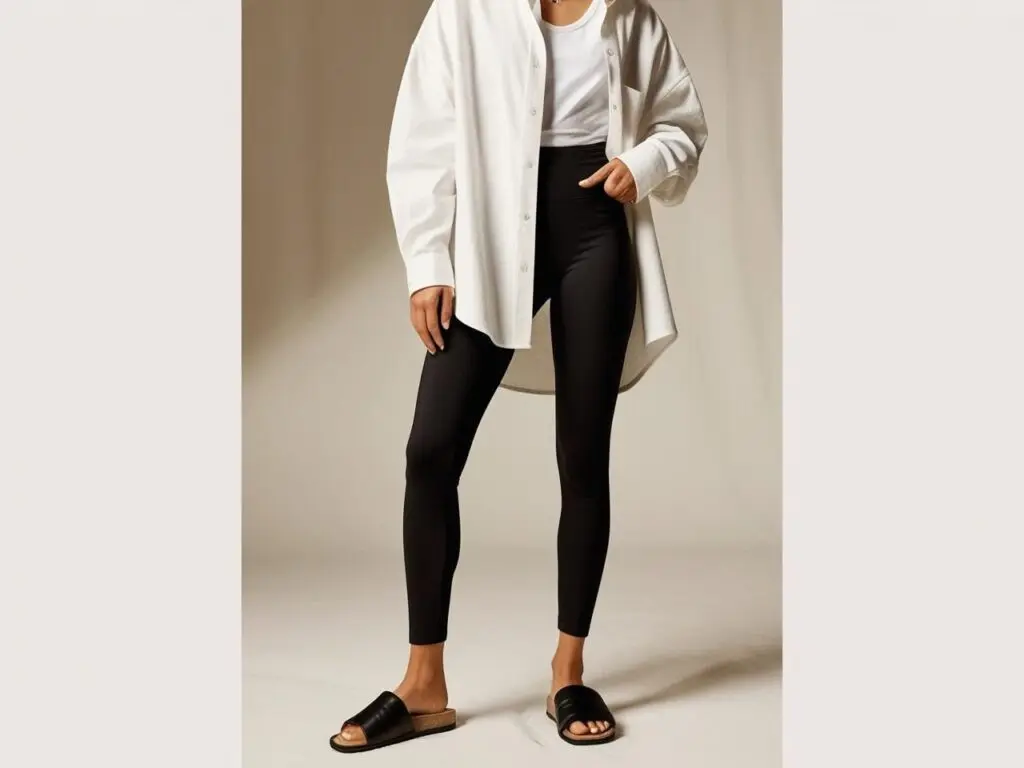 Woman wearing black leggings with an oversized white button-down shirt, white tank top, and black slides, styled against a neutral background.