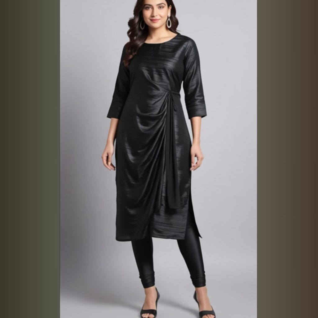 Black kurtis paired with black leggings offer a chic, modern look, perfect for office, college, or casual outings, providing versatile, trendy outfits Indian for everyday wear.