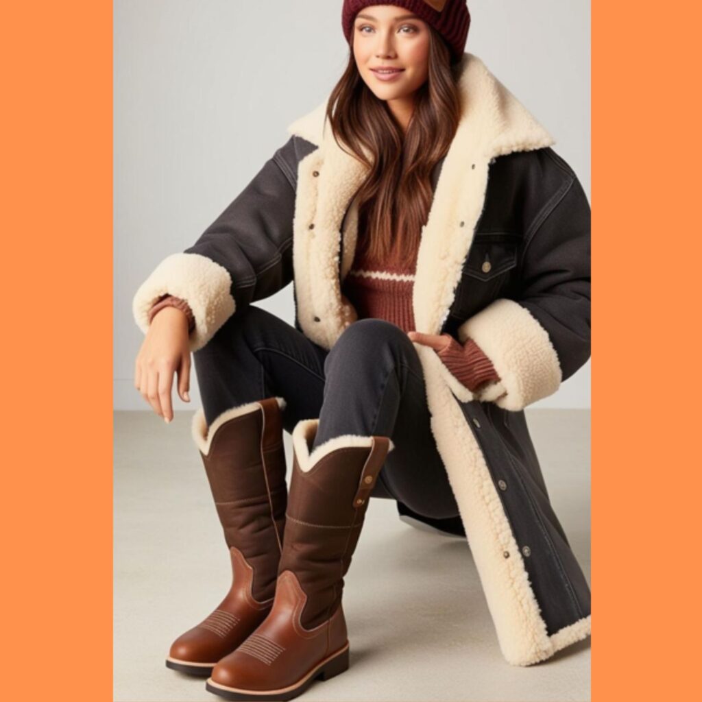 A stunning cowgirl-inspired winter outfit featuring insulated cowboy boots, jeans tucked in, a warm jacket, and a cozy hat.