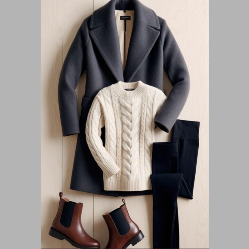 A collection of essential winter capsule wardrobe items laid out, including a wool coat, a chunky sweater, thermal leggings, and warm boots.