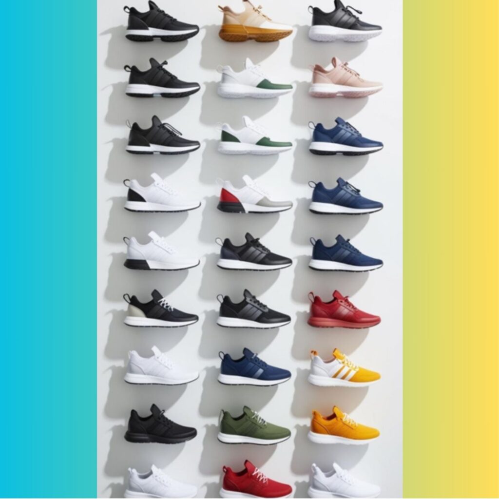 A collection of versatile sneakers displayed, emphasizing the importance of investing in footwear that can be paired with various outfits.