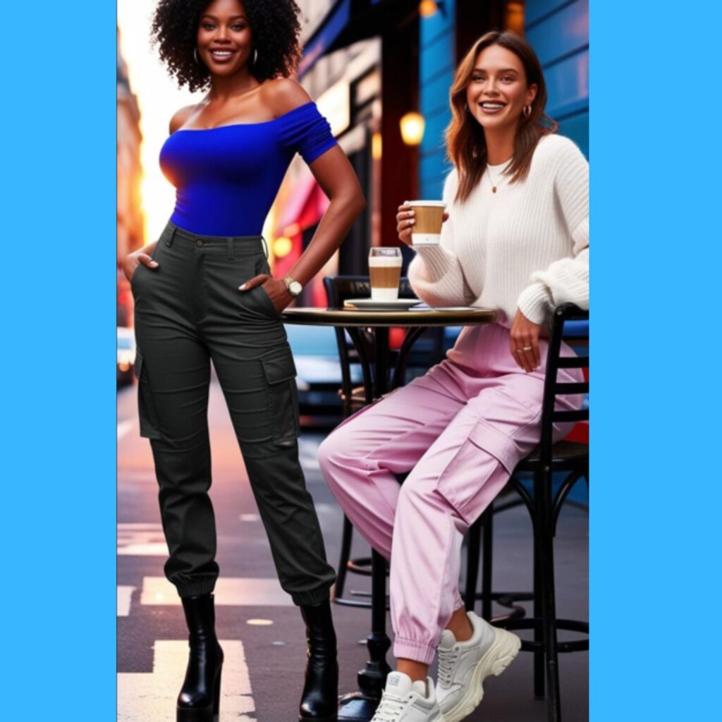 A curvy woman in black cargo pants with a fitted blouse and heeled ankle boots, posing confidently.A lovely woman in pastel pink cargo pants, an oversized white sweater, and chunky sneakers, posing in a café.