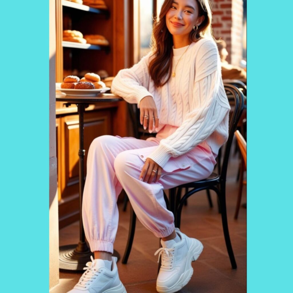A lovely woman in pastel pink cargo pants, an oversized white sweater, and chunky sneakers, posing in a café.