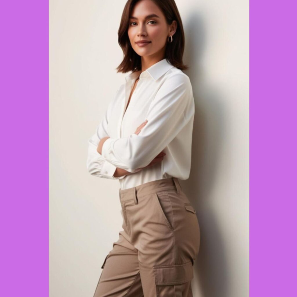 A pretty woman in beige cargo pants, a tucked-in white blouse, and gold hoop earrings, standing against a neutral-toned background.
