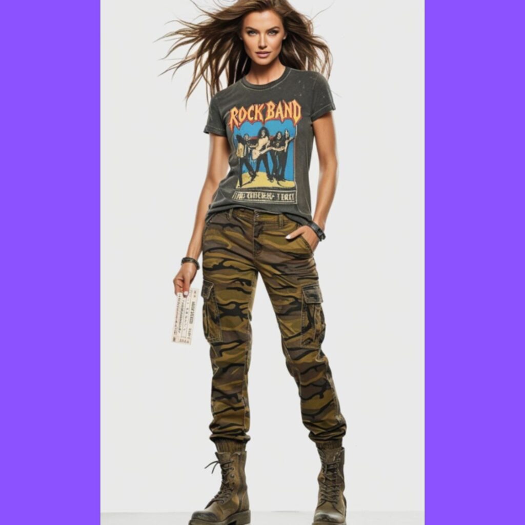 A stunning woman in camo-print cargo pants, a band tee, and combat boots, holding a concert ticket in hand.