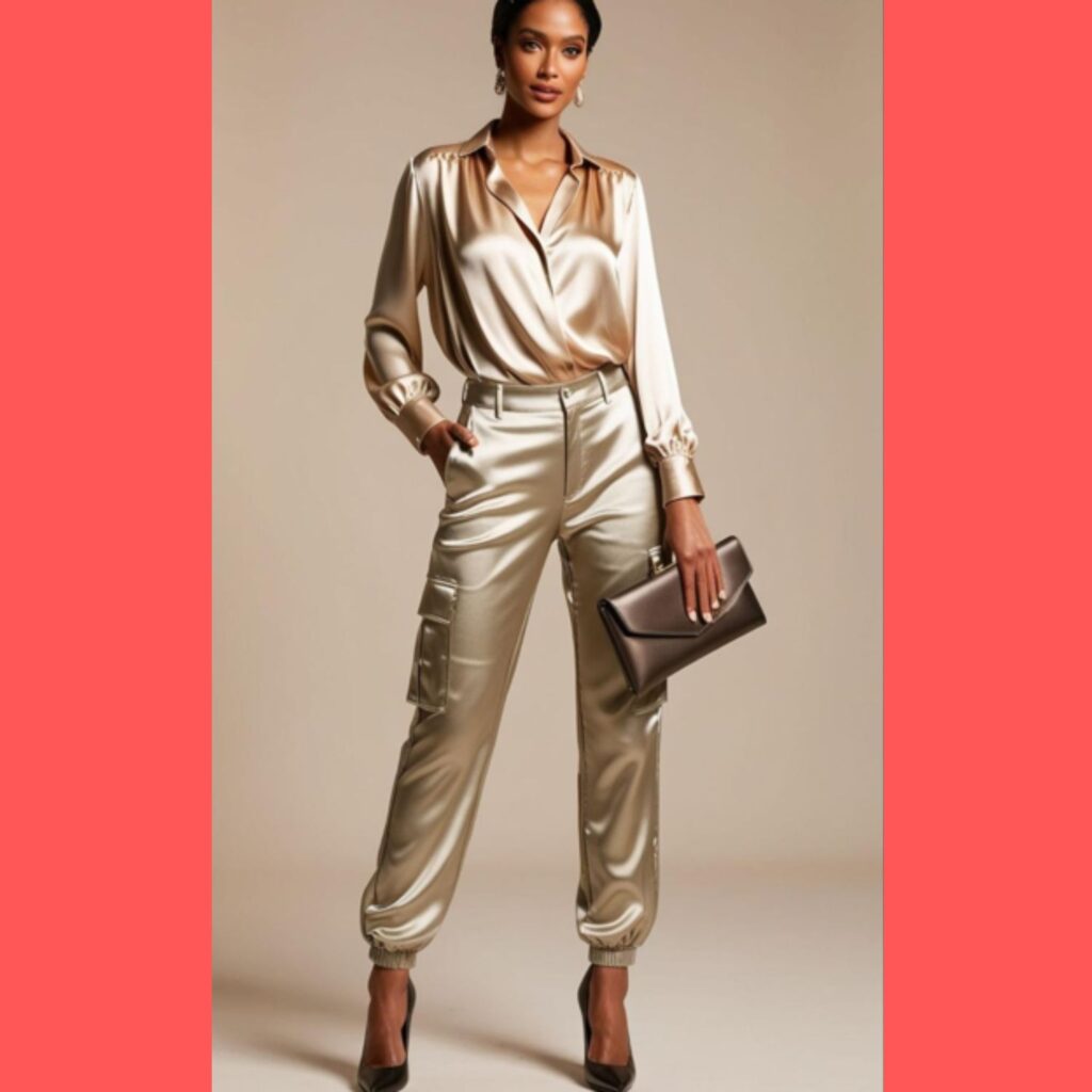 A woman in satin beige cargo pants, a silky blouse, and stiletto heels, posing with a clutch purse.