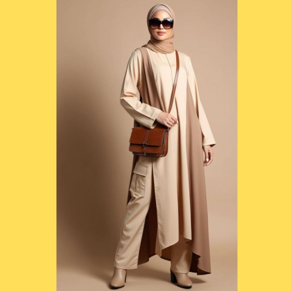 A hijabi woman wearing beige cargo pants with a long tunic and a matching hijab, accessorized with a crossbody bag and sunglasses.