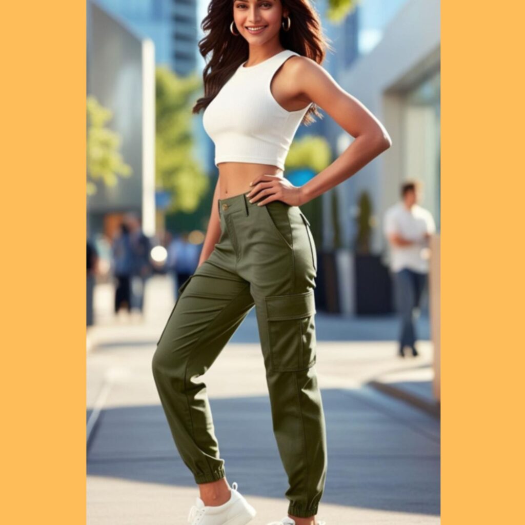 A lovely woman wearing olive green cargo pants with a fitted crop top and white sneakers, posing on a city street.