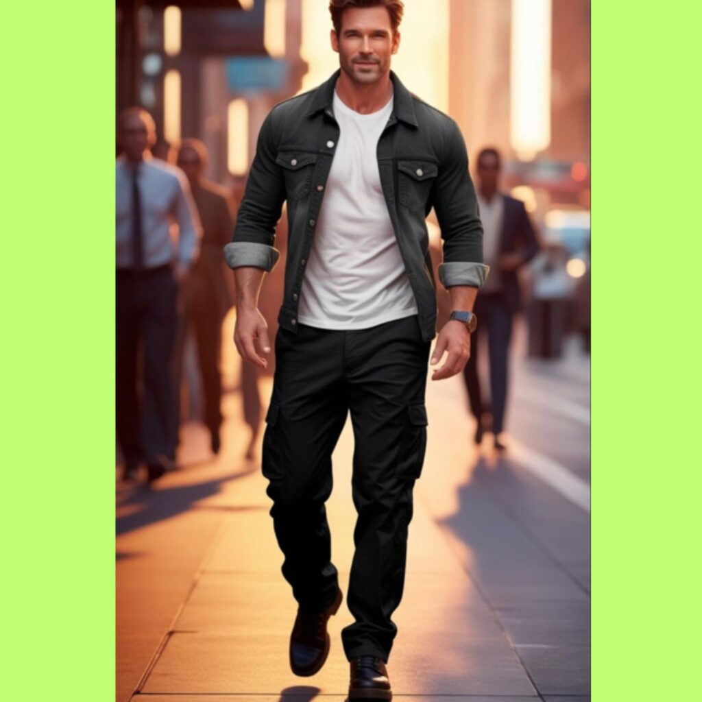 A handsome man wearing black cargo pants with a white t-shirt and denim jacket, walking down an urban street.