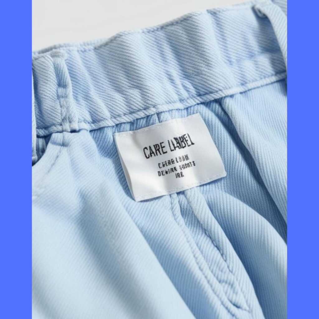 A close-up of a care label on a pair of denim shorts.