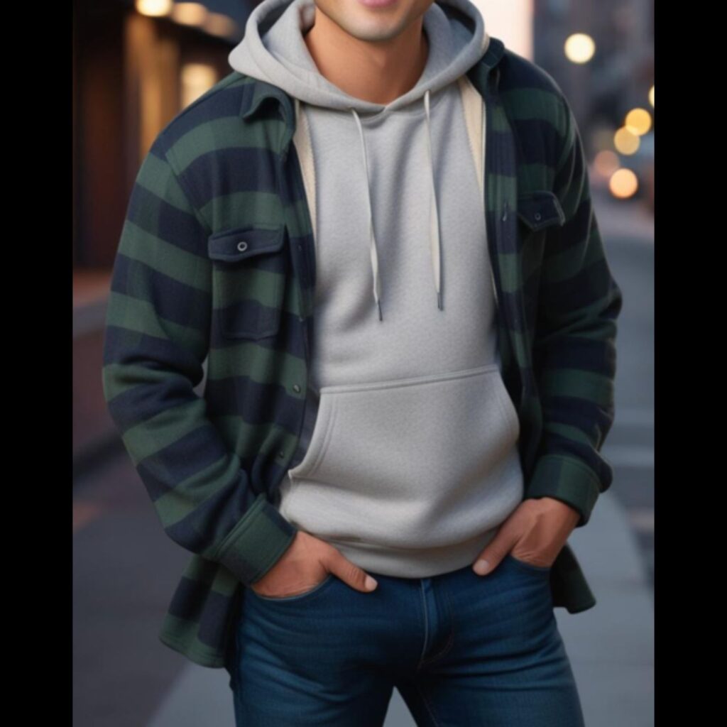 Generate an image of a handsome man wearing blue jeans, a gray hoodie, and a dark green flannel shirt layered over the hoodie.
