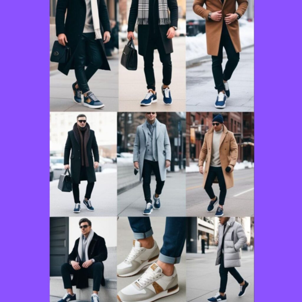 Men's sneaker culture: stylish winter outfits incorporating sneakers.