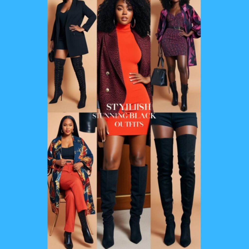Stylish stunning black women showcasing various boots outfits, highlighting different boot heights and styles (e.g., thigh-high boots, combat boots, heeled booties) paired with fashionable clothing.